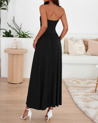 BTFBM Summer Maxi Dresses for Women Strapless Ruched Tube Top Beach Vacation Spring Wedding Guest Dress Pockets PRETTYGARDEN