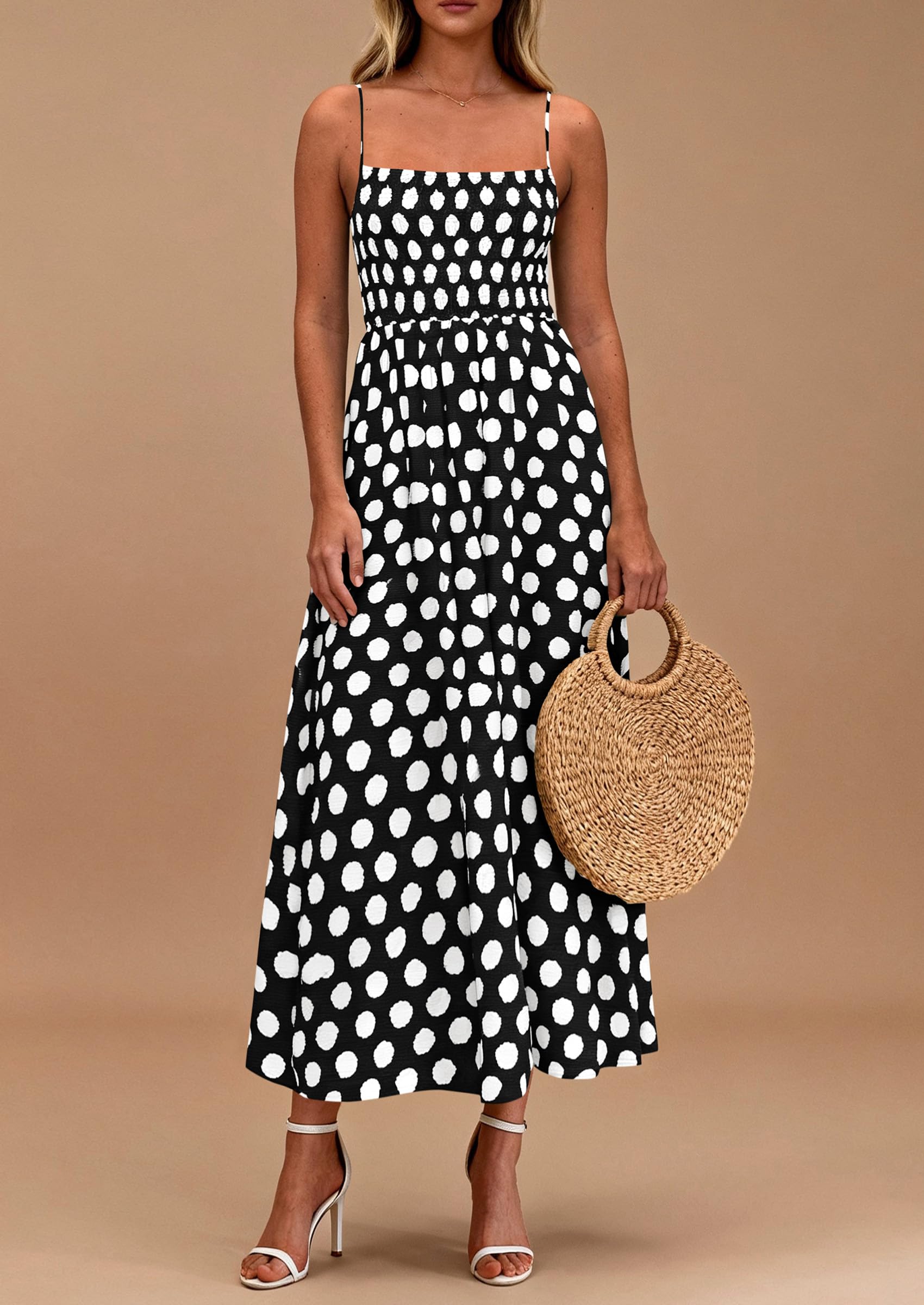 PRETTYGARDEN Womens Summer Dresses Spring Sleeveless Spaghetti Straps Casual Midi Dress Polka Dot Smocked Beach Sundress PRETTYGARDEN