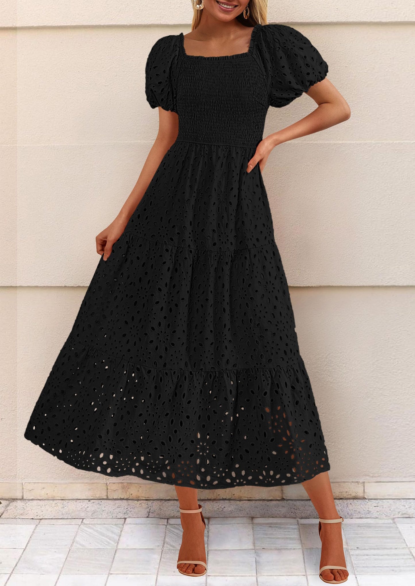 Summer Dresses for Women 2025 Eyelet Square Neck Puff Sleeve Smocked Wedding Guest Maxi Dress with Pockets