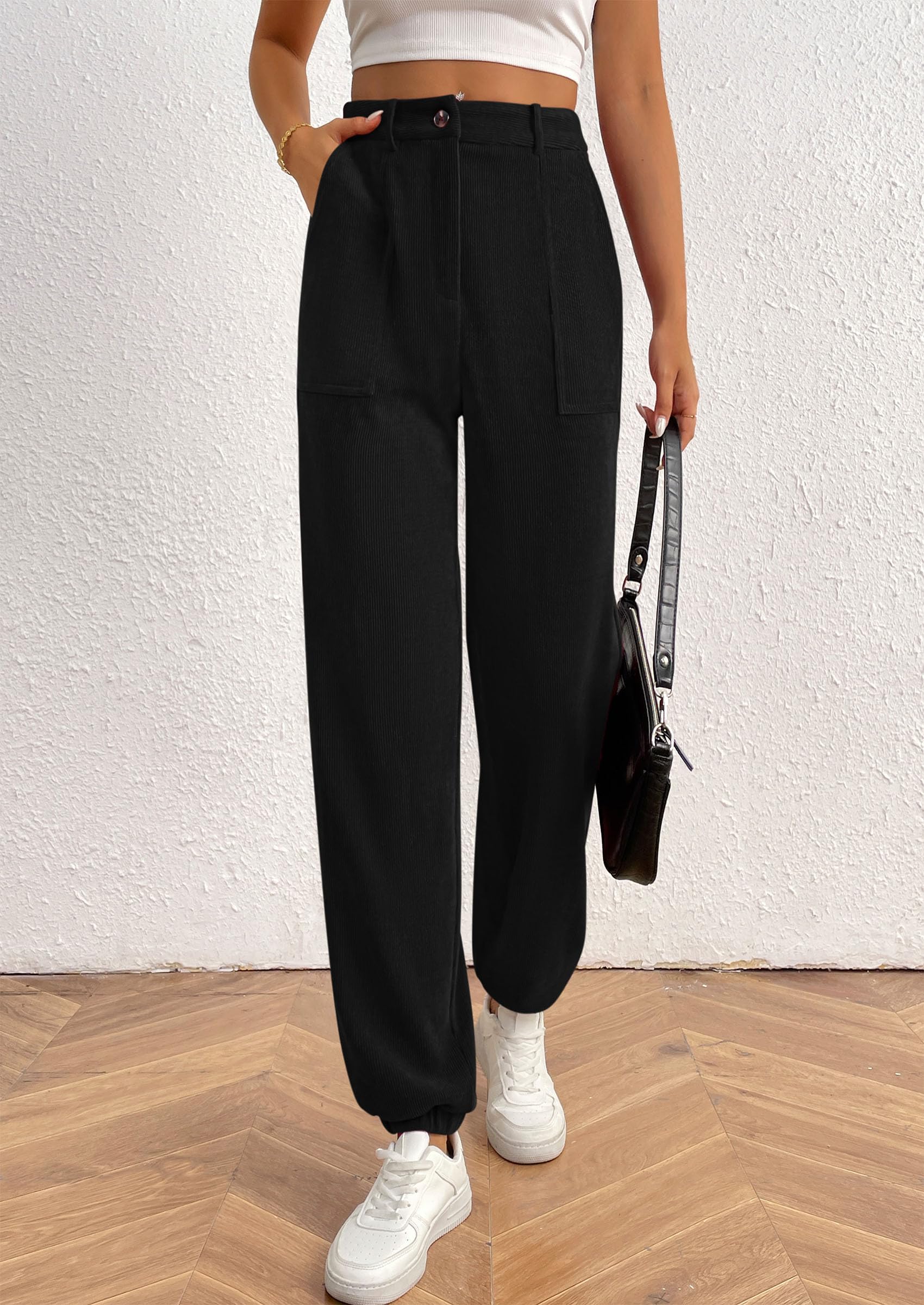 PRETTYGARDEN Women's Pants Dressy Casual Fall Elastic High Waisted Work Office Corduroy Trouser Slacks with Pockets