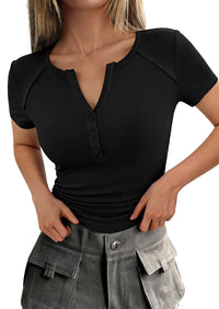 PRETTYGARDEN Womens Summer Short Sleeve Tops 2026 Spring Casual V Neck Henley Button Up T Shirts Dressy Ribbed Knit Blouses PRETTYGARDEN