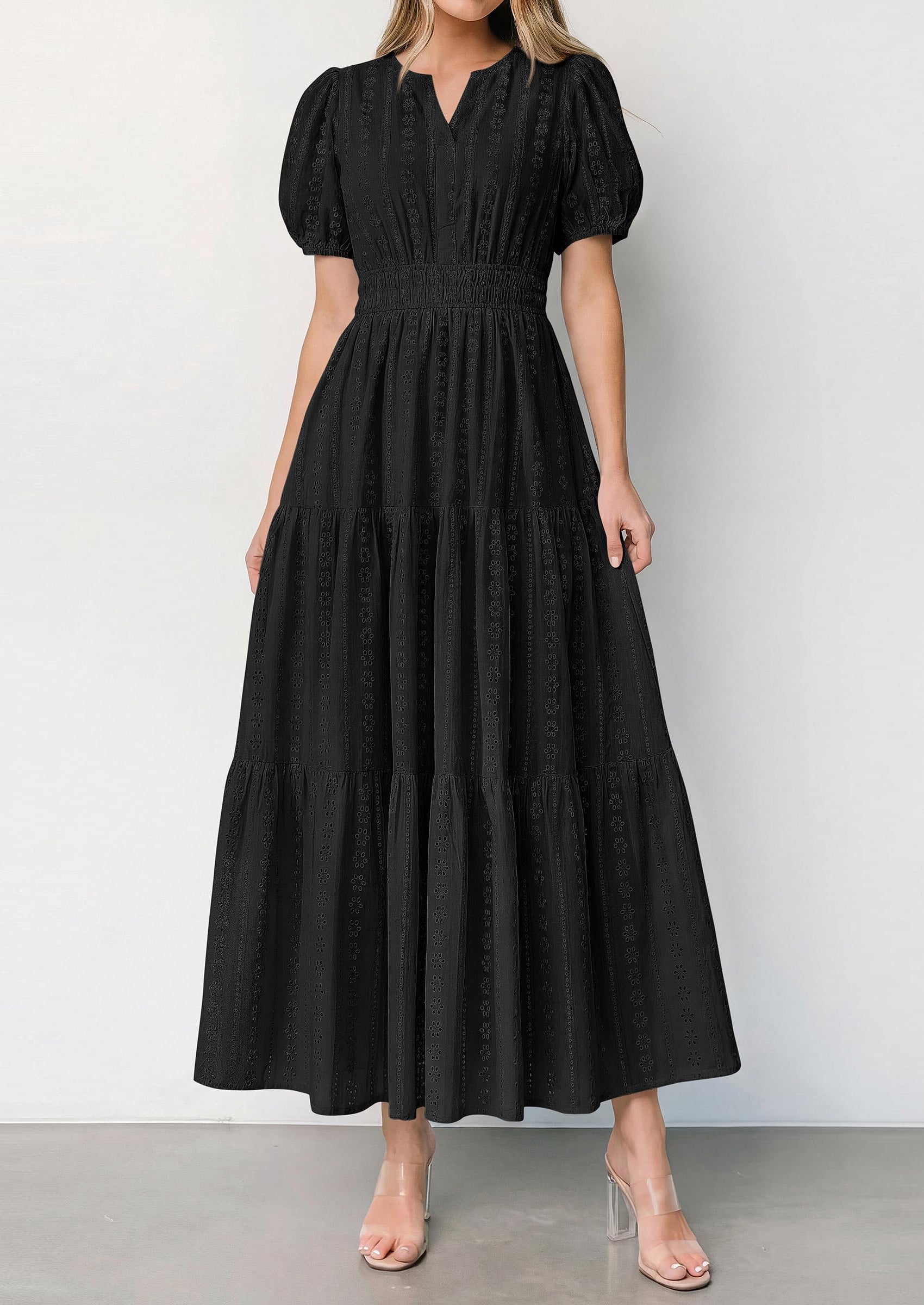 PRETTYGARDEN Womens Summer Maxi Dresses Casual Puff Sleeve V Neck Smocked Flowy Eyelet Cotton Dress Spring Sundress PRETTYGARDEN