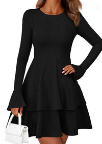 PRETTYGARDEN Womens Spring Fashion Long Bell Sleeve Mini Sweater Dress Casual Crewneck A Line Knit Short Cocktail Dresses - PRETTYGARDEN