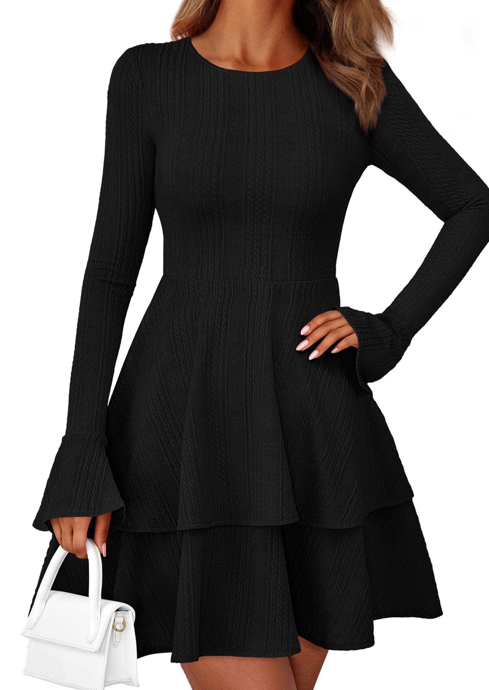 PRETTYGARDEN Womens Spring Fashion Long Bell Sleeve Mini Sweater Dress Casual Crewneck A Line Knit Short Cocktail Dresses - PRETTYGARDEN