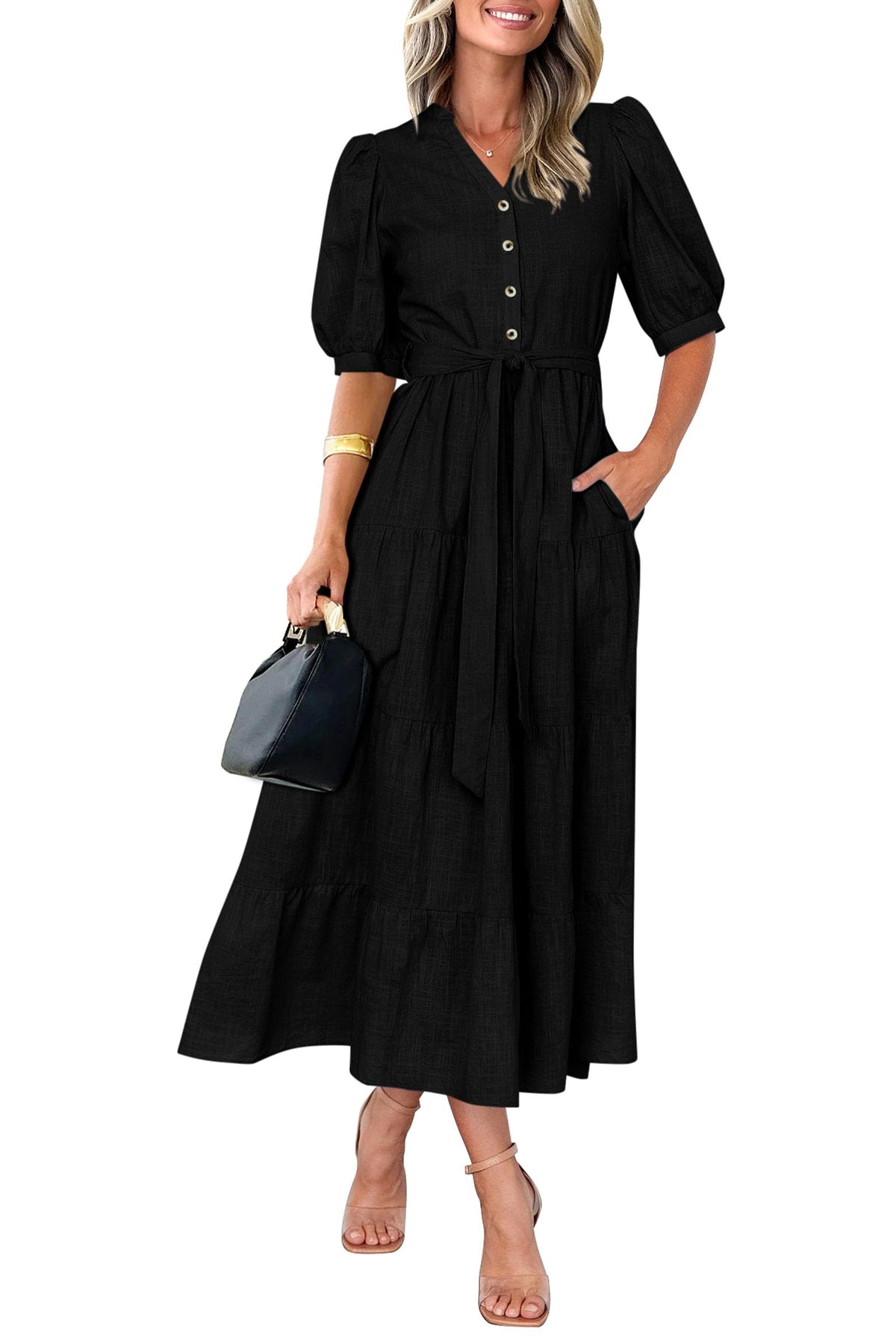 Women's Summer Midi Dress 2025 Casual Short Sleeve V Neck Buttons Belted Ruffle A Line Flowy Dress with Pockets