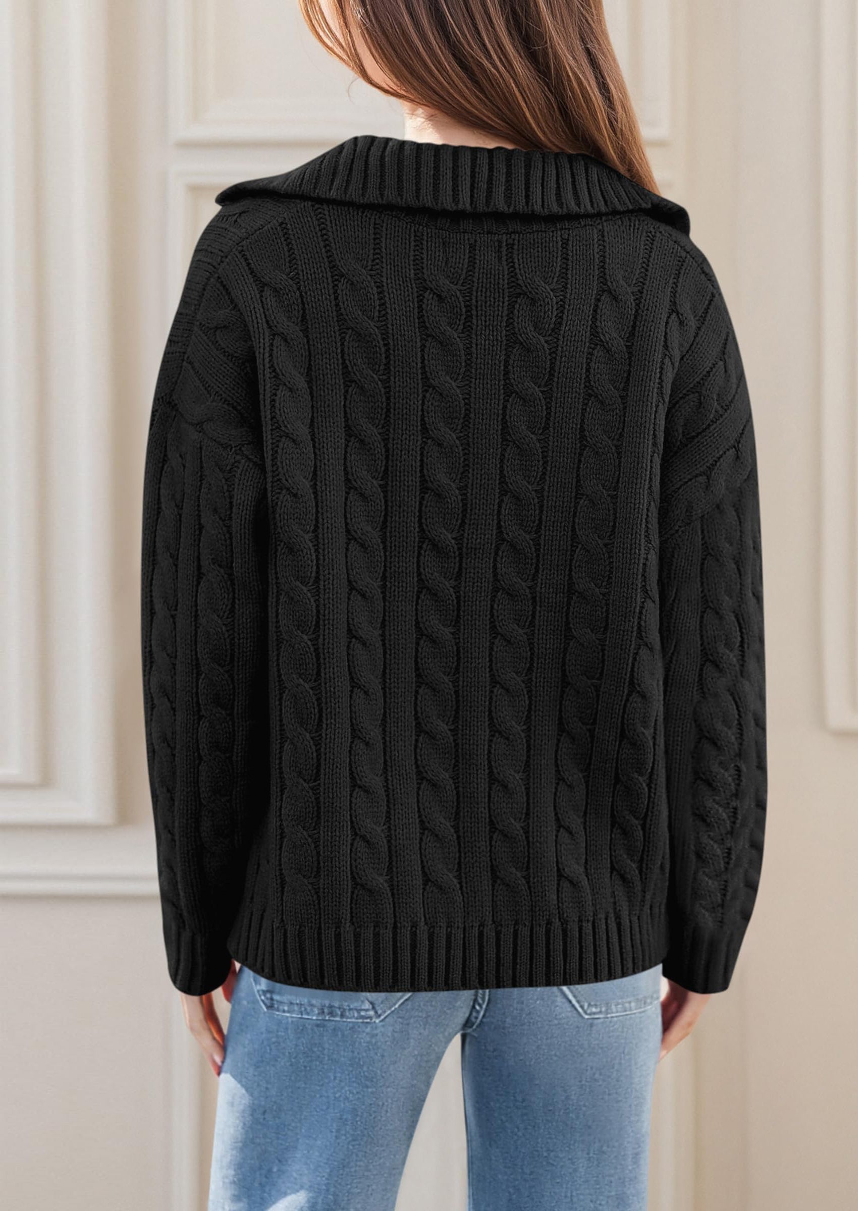 PRETTYGARDEN Fall Cable Knit Oversized Sweaters for Women Polo V Neck Long Sleeve Casual Chunky Sweater Pullover Tops PRETTYGARDEN