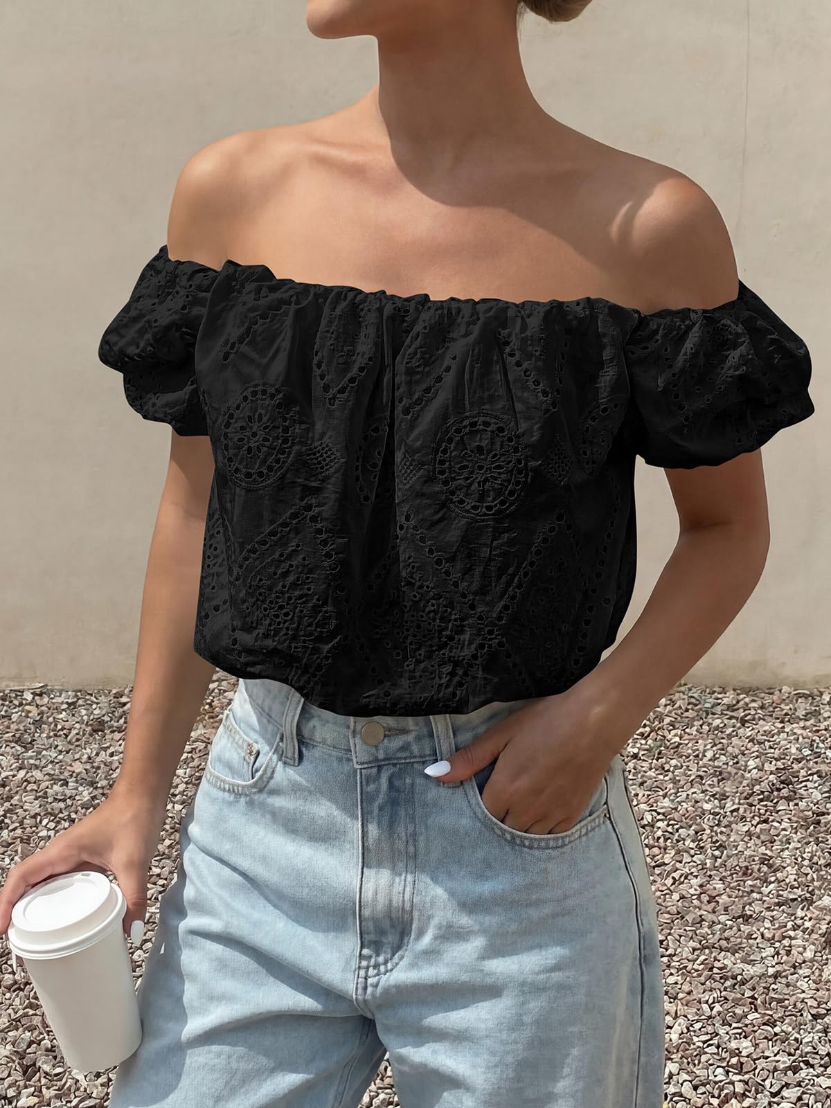 PRETTYGARDEN Women's Summer Off The Shoulder Tops Dressy Casual Puff Short Sleeve Embroidered Eyelet Cute Blouse Shirts PRETTYGARDEN