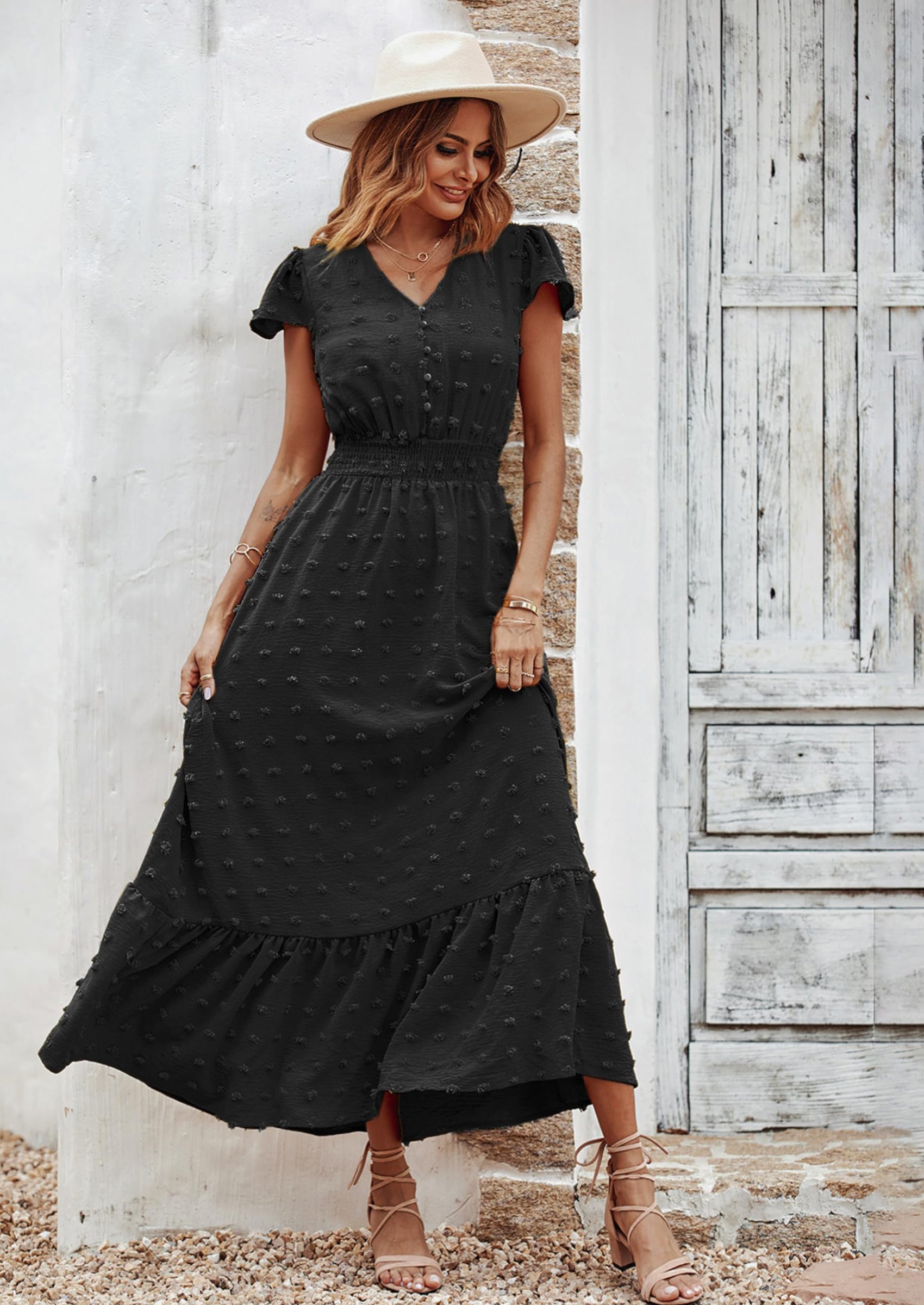PRETTYGARDEN Womens Dresses Summer Maxi Dress Boho Short Sleeve V Neck Swiss Dot Ruffle Tiered Smocked Flowy Long Dress PRETTYGARDEN