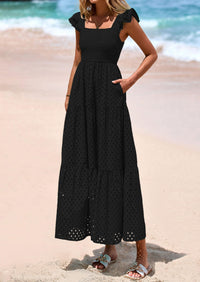 PRETTYGARDEN Womens Square Neck Maxi Dresses Cap Sleeve Eyelet Smocked Tiered A Line Flowy Long Dress with Pockets