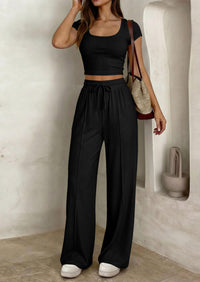 PRETTYGARDEN Women's 2 Piece Matching Lounge Sets Ribbed Short Sleeve Crop Tops Wide Leg Pants Summer Airport Outfits PRETTYGARDEN