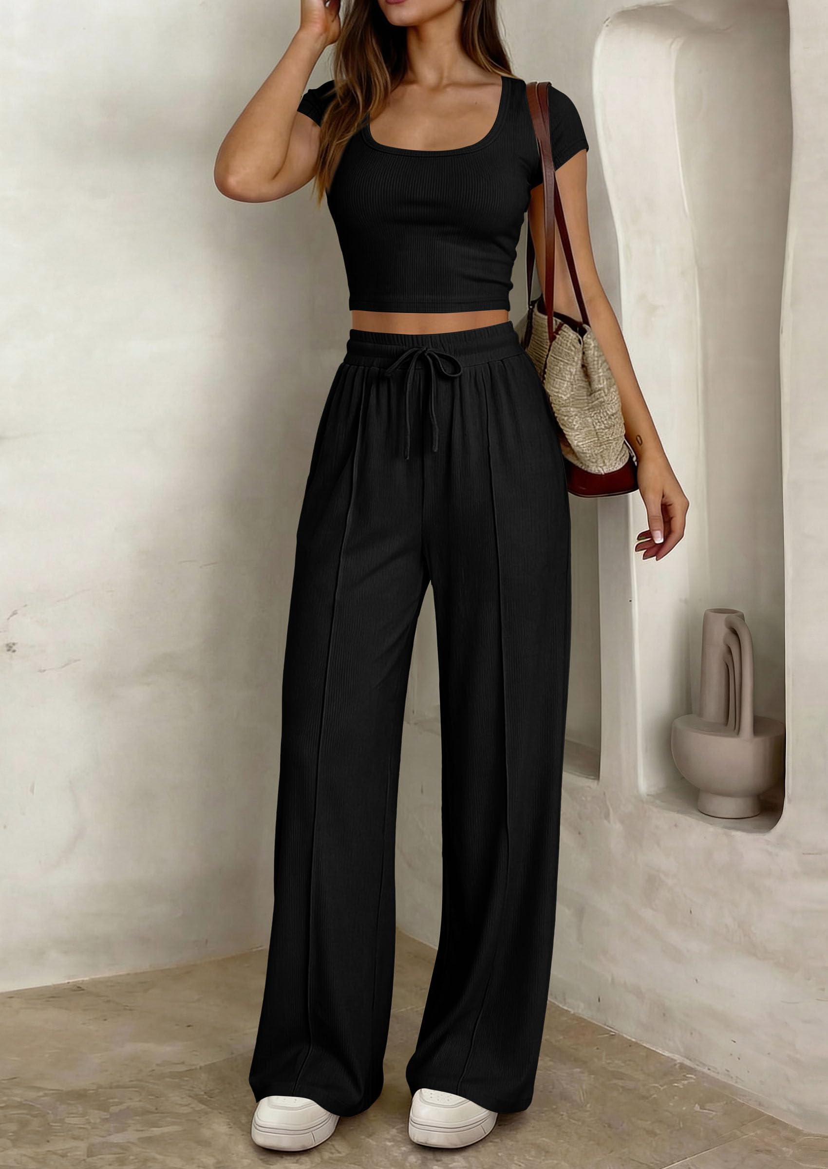 PRETTYGARDEN Women's 2 Piece Matching Lounge Sets Ribbed Short Sleeve Crop Tops Wide Leg Pants Summer Airport Outfits PRETTYGARDEN