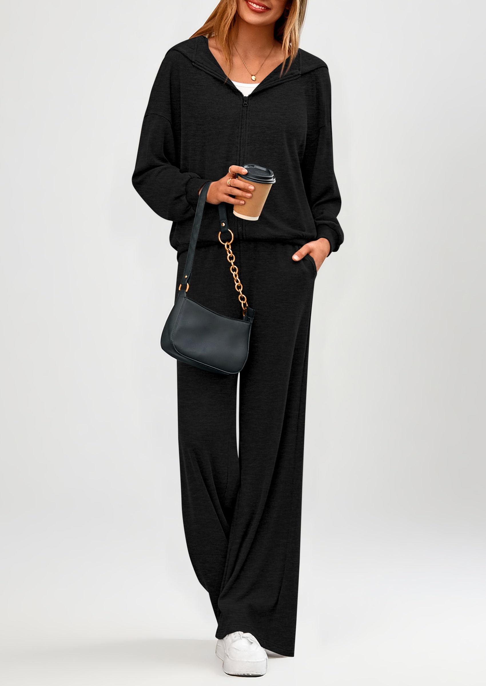 PRETTYGARDEN Women's 2 Piece Fall Lounge Sets Zip Up Hoodie Wide Leg Pants Tracksuit Matching Travel Outfits Clothes PRETTYGARDEN