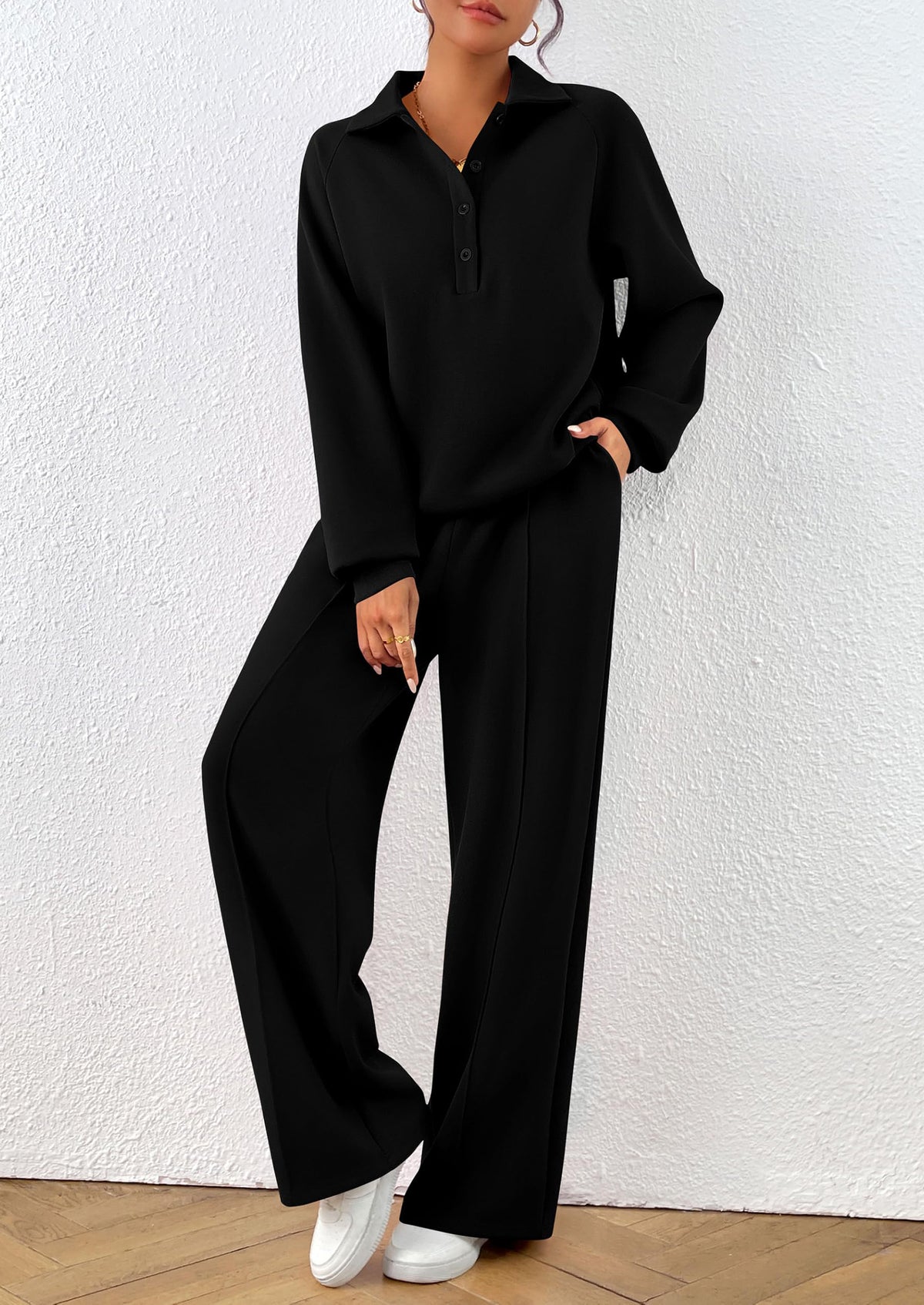 PRETTYGARDEN Women Fall 2 Piece Outfits Sweatsuits Quarter Button Long Sleeve Sweatshirt Wide Leg Pants Tracksuit Lounge Sets