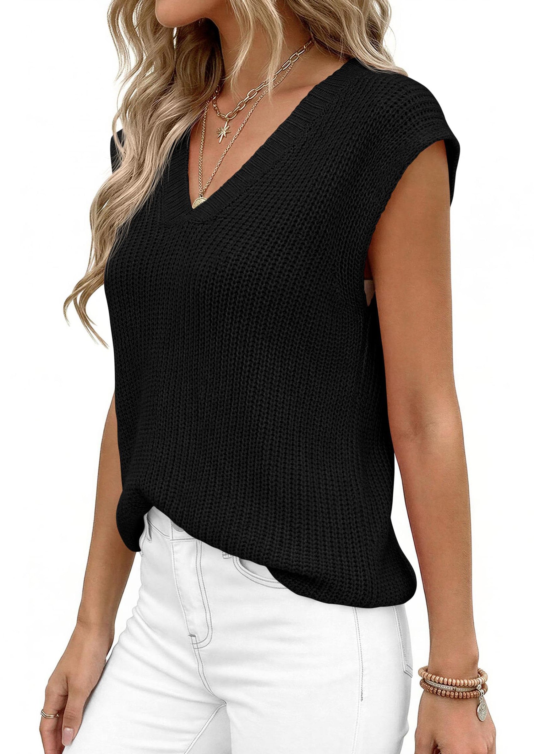 PRETTYGARDEN Women's Lightweight Sweaters Vest Spring Trendy Cap Sleeve V Neck Knit Tank Tops Summer Going Out Outfits PRETTYGARDEN