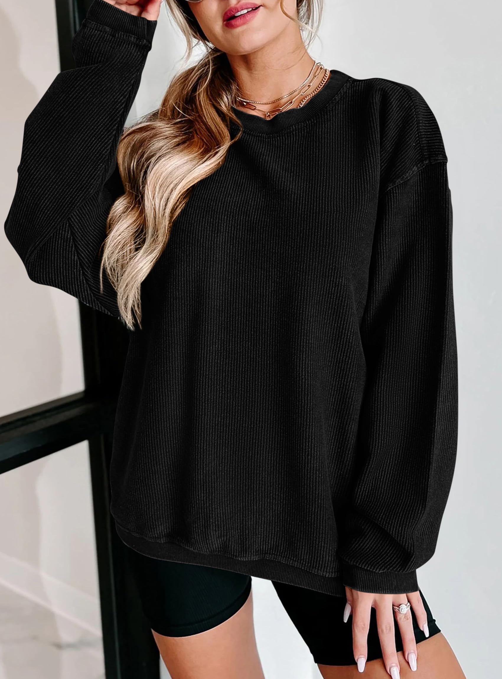 PRETTYGARDEN Women's Oversized Sweatshirt 2025 Fall Fashion Clothes Ribbed Corduroy Long Sleeve Going Out Pullover Tops