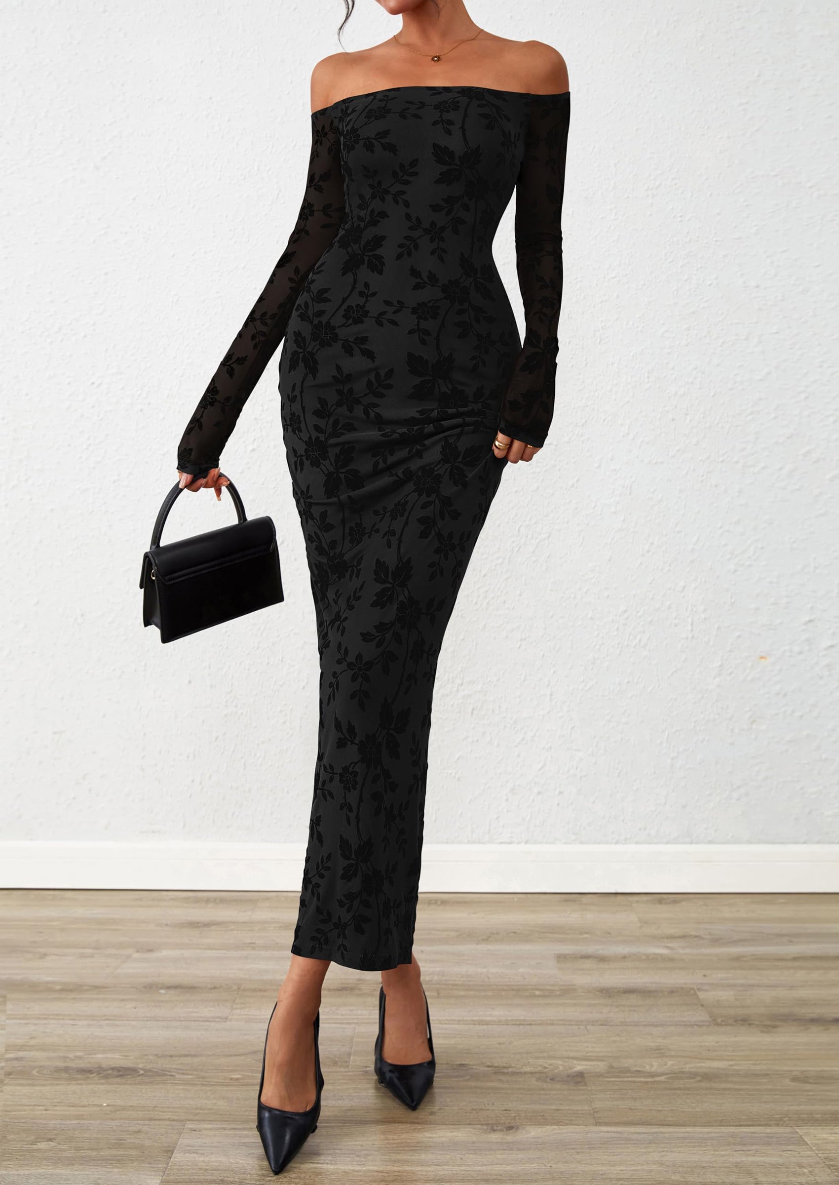 PRETTYGARDEN Womens Off The Shoulder Floral Maxi Bodycon Dress Fall Long Sleeve Mesh Fitted Long Formal Wedding Guest Dresses PRETTYGARDEN