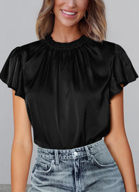 Summer Satin Blouse Shirt Dressy Casual Ruffle Short Sleeve Crewneck Work Party Tops