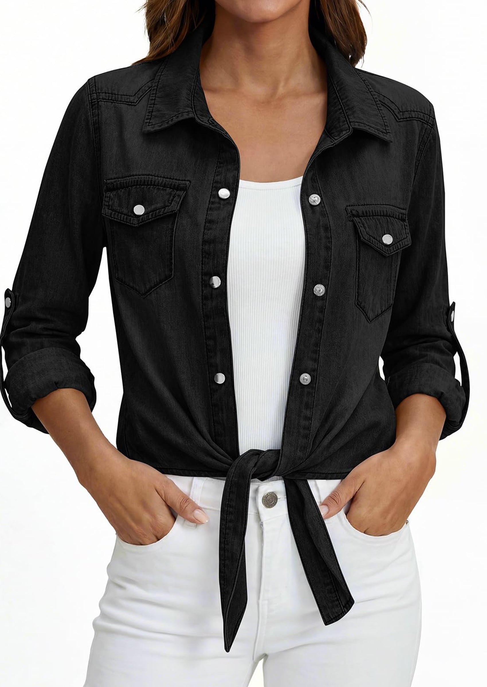 PRETTYGARDEN Womens Denim Shirts Collared Long Sleeve Button Down Shirt Women Tie Front Cardigans Summer Crop Tops Blouses