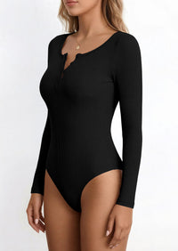 PRETTYGARDEN Long Sleeve Bodysuits for Women Ribbed Knit Henley Button Up Slim Fitted Basic Tops Winter Fashion Clothing PRETTYGARDEN