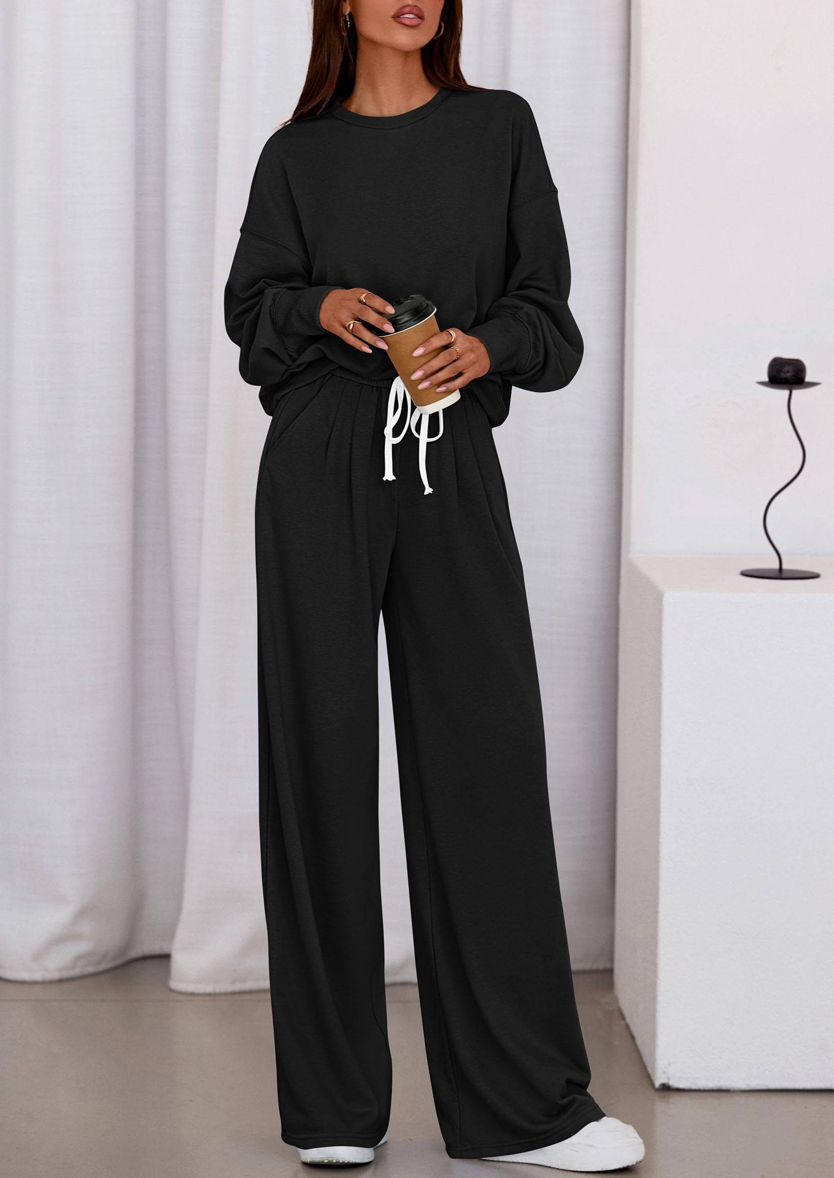 PRETTYGARDEN Womens 2 Piece Sets Long Sleeve Sweatshirt Wide Leg Pants Loose Matching Lounge Set Trendy Fall Outfits