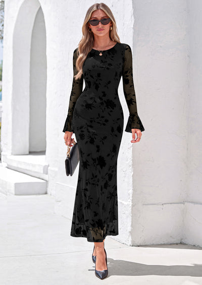 PRETTYGARDEN Women's Long Sleeve Maxi Floral Mesh Fall Wedding Guest Dress