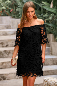 PRETTYGARDEN Women's Summer Off Shoulder Dresses Floral Lace Flare Short Sleeve Spring Vintage Elegant Mini Dress