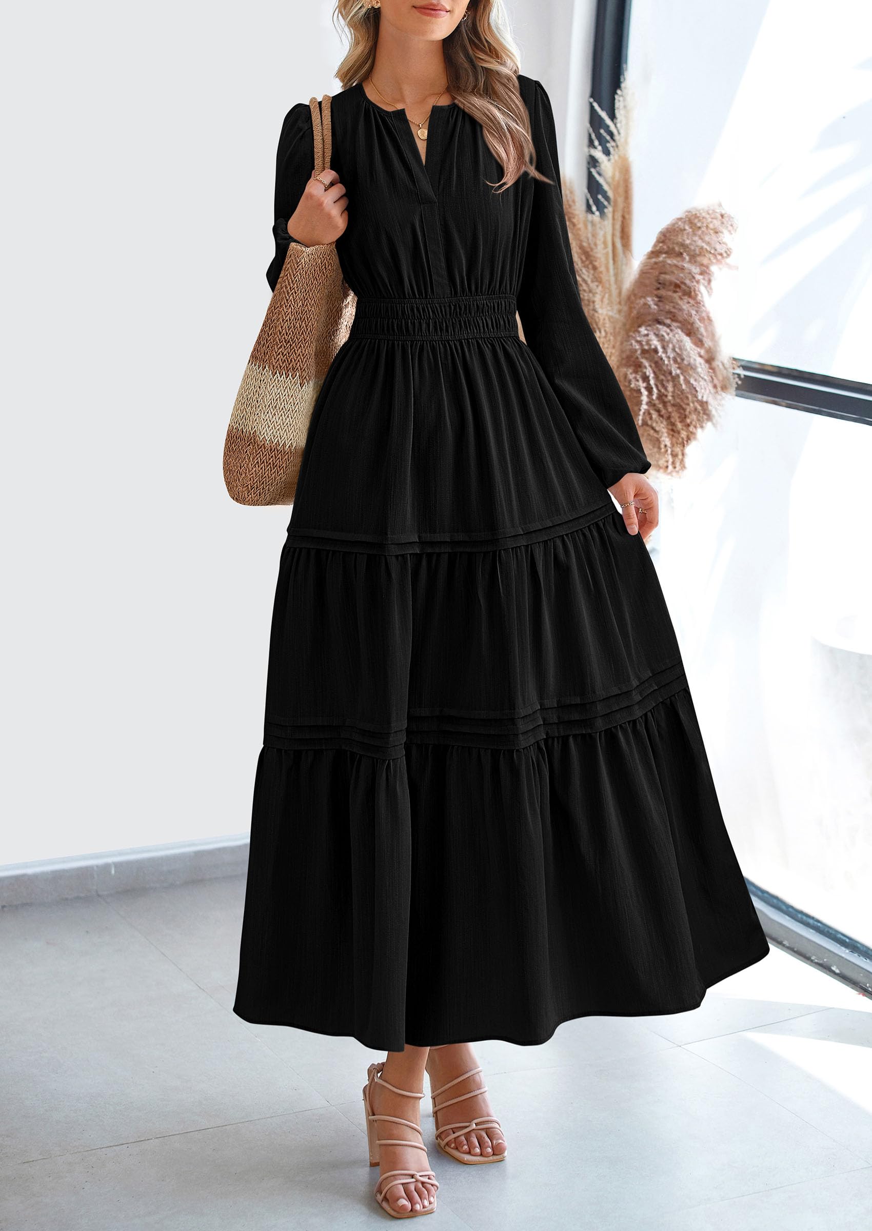 PRETTYGARDEN Women's Elegant Maxi Dresses Long Sleeve V Neck Flowy Pockets Casual Modest Dress Fall Fashion Clothes