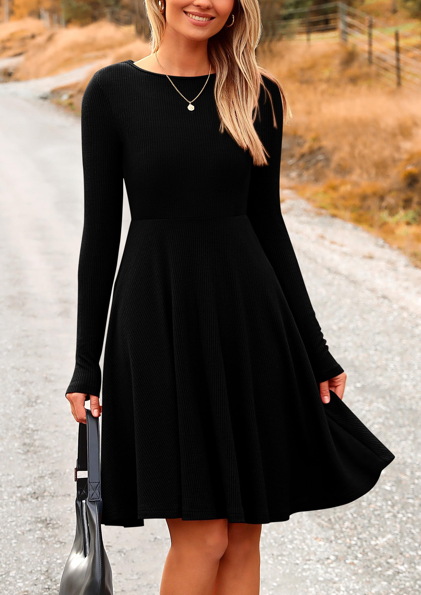 PRETTYGARDEN Women's Spring Fall Short Dress Ribbed Knit Crewneck Long Sleeve A Line Flowy Casual Elegant Going Out Dresses