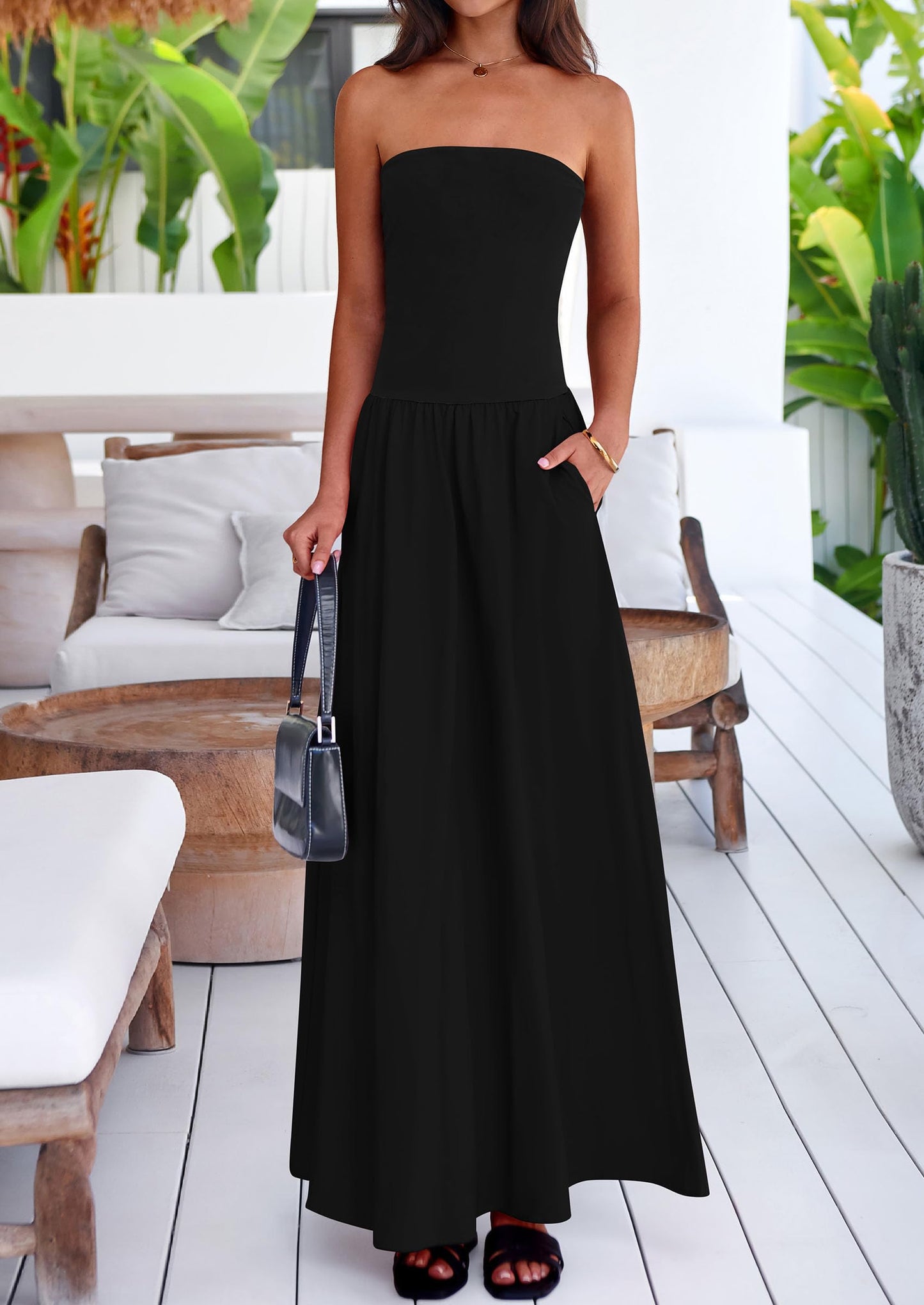 Women's 2025 Summer Strapless Maxi Dresses Patchwork Long Flowy Elegant Going Out Tube Top Dress with Pockets