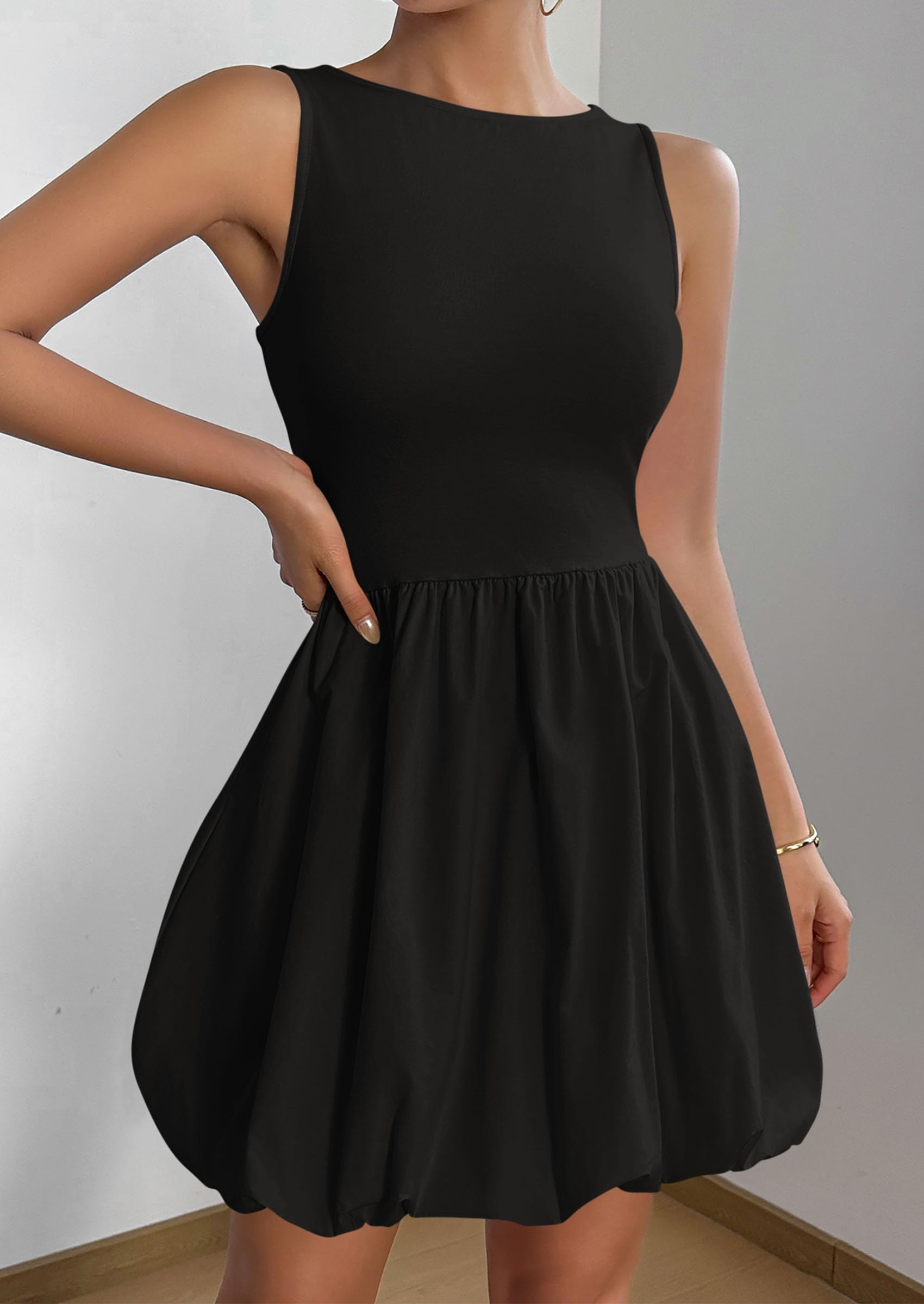 PRETTYGARDEN Summer Dresses for Women Casual Sleeveless Tank Mini Short Dress Crew Neck Bubble Sundress with Pockets