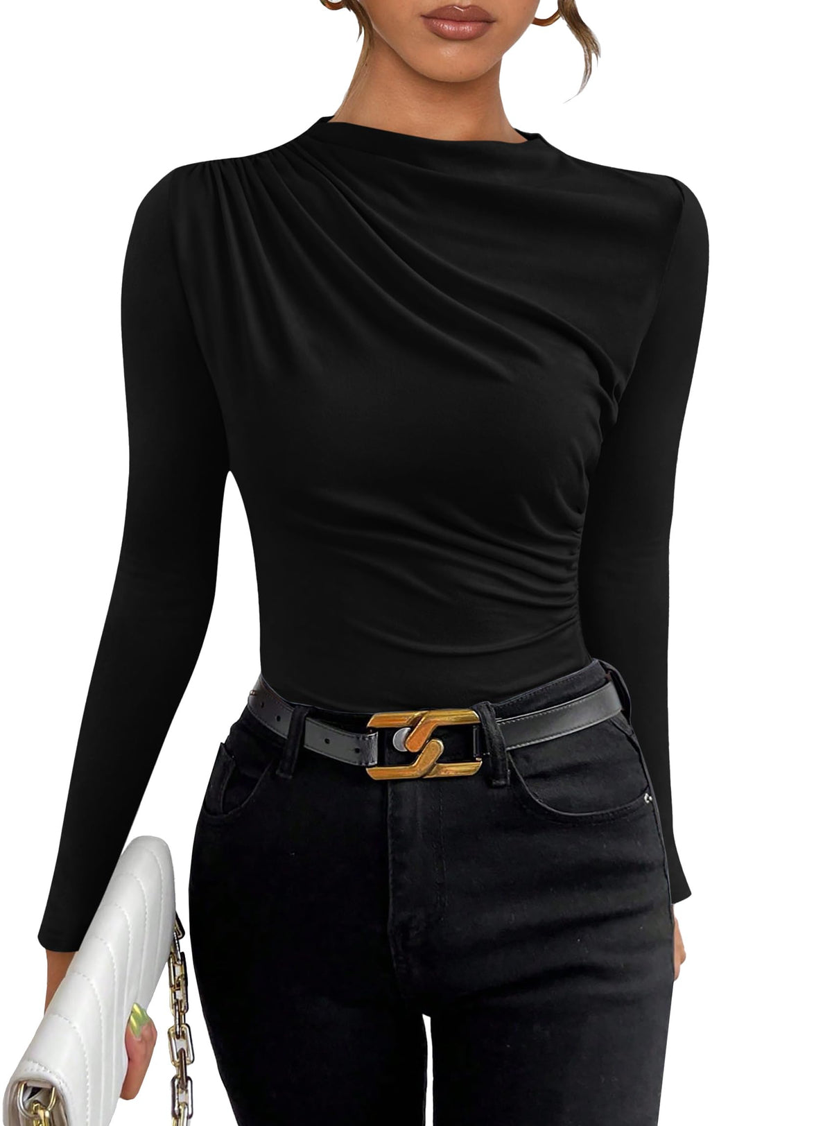 Womens Y2K Going Out Crop Tops Long Sleeve Mock Neck Ruched Slim Fitted Basic Trendy Casual Blouse