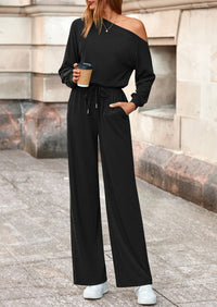 PRETTYGARDEN Long Sleeve Jumpsuit For Women Dressy Off Shoulder One Piece Loose Wide Leg Jumpsuits Casual Flowy Romper