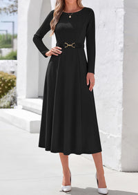 PRETTYGARDEN Women's Fall Long Sleeve Semi Formal Midi Dresses with Pockets Boat Neck, Metal Buckle Tie Waist, Flowy A Line, Elegant Classy Wedding Guest Cocktail Party Dress, Business Casual Outfits