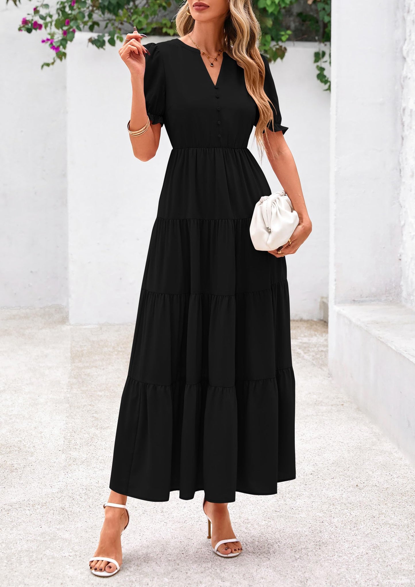 Women's Casual Summer Midi Dress 2025 Spring Short Sleeve V Neck Tiered Flowy Beach Vacation Dress with Pockets