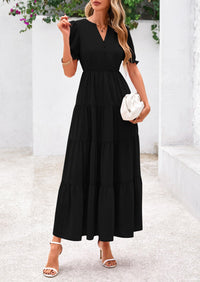 Women's Casual Summer Maxi Dress 2025 Spring Short Sleeve V Neck Tiered Flowy Beach Vacation Dress with Pockets