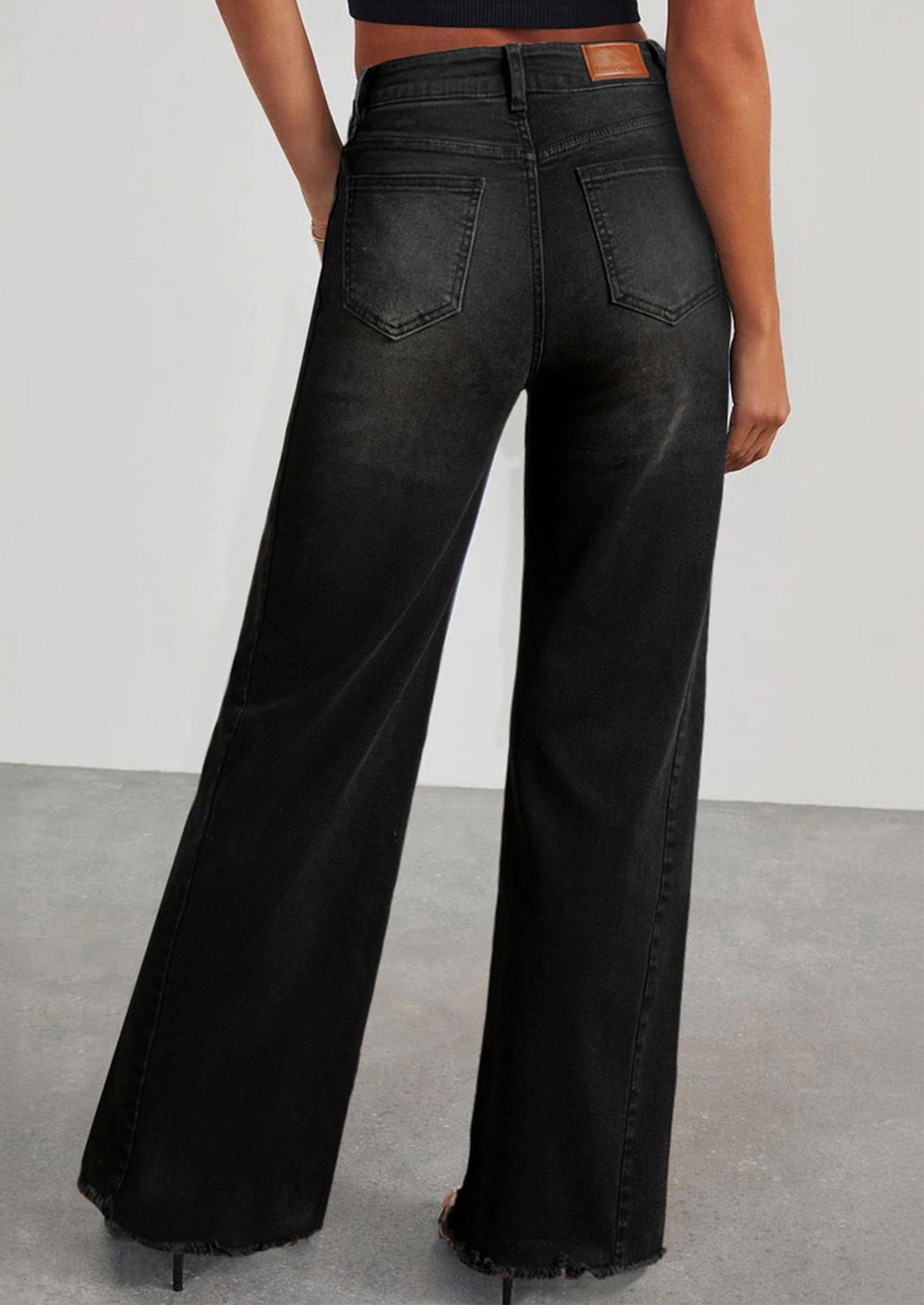 PRETTYGARDEN Wide Leg Jeans for Women Trendy High Waisted Stretchy Baggy Raw Hem Denim Palazzo Pants with Pockets