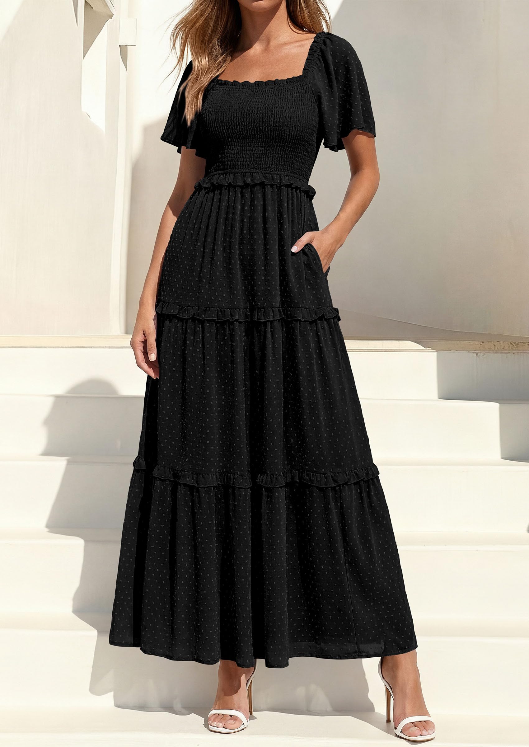 PRETTYGARDEN Summer Dresses for Women Boho Swiss Dot Smocked Square Neck Short Sleeve Spring Wedding Guest Maxi Dress PRETTYGARDEN