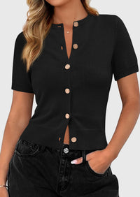 PRETTYGARDEN Womens Casual Summer Short Sleeve Cardigans Button Down Knitted Sweater Basic Crew Neck Crop Tops