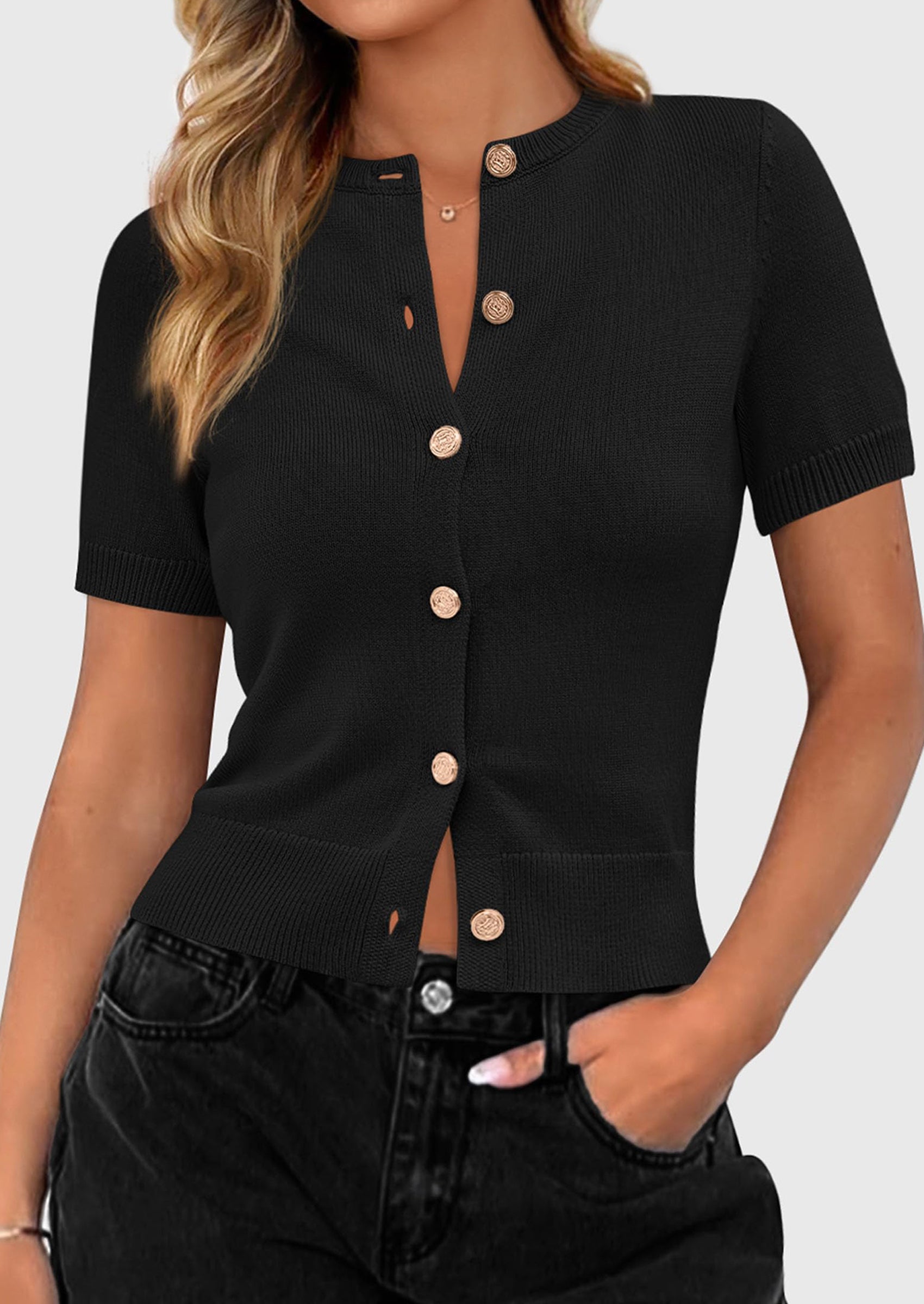 PRETTYGARDEN Womens Casual Summer Short Sleeve Cardigans Button Down Knitted Sweater Basic Crew Neck Crop Tops