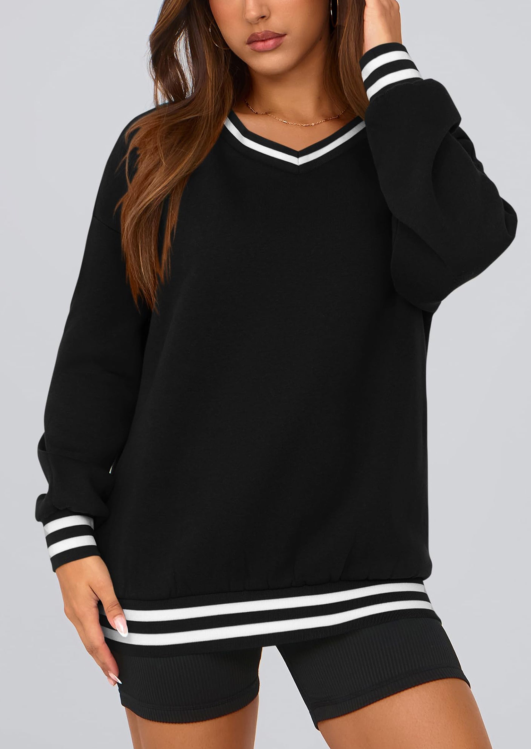 PRETTYGARDEN Women's Oversized Sweatshirts Casual Long Sleeve Stripes Knit V Neck Pullover Top Fall Teens Preppy Clothes