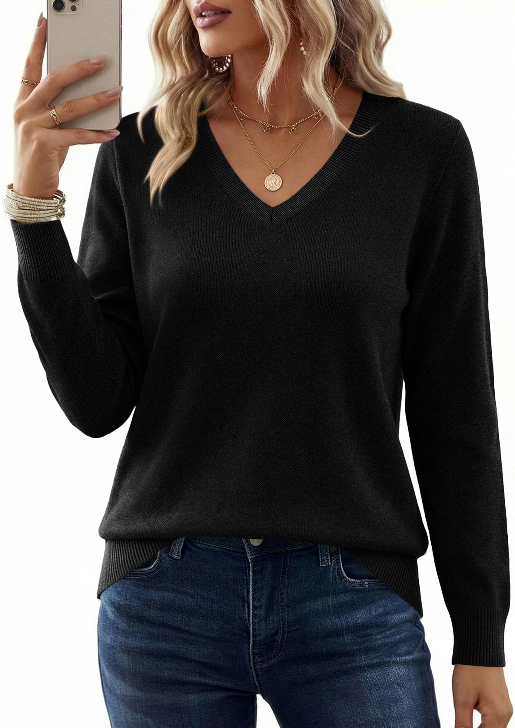 PRETTYGARDEN Women's V Neck Sweaters Fall Casual Long Sleeve Classic Pullover Cozy Knit Tops Loose Basic Winter Clothing PRETTYGARDEN