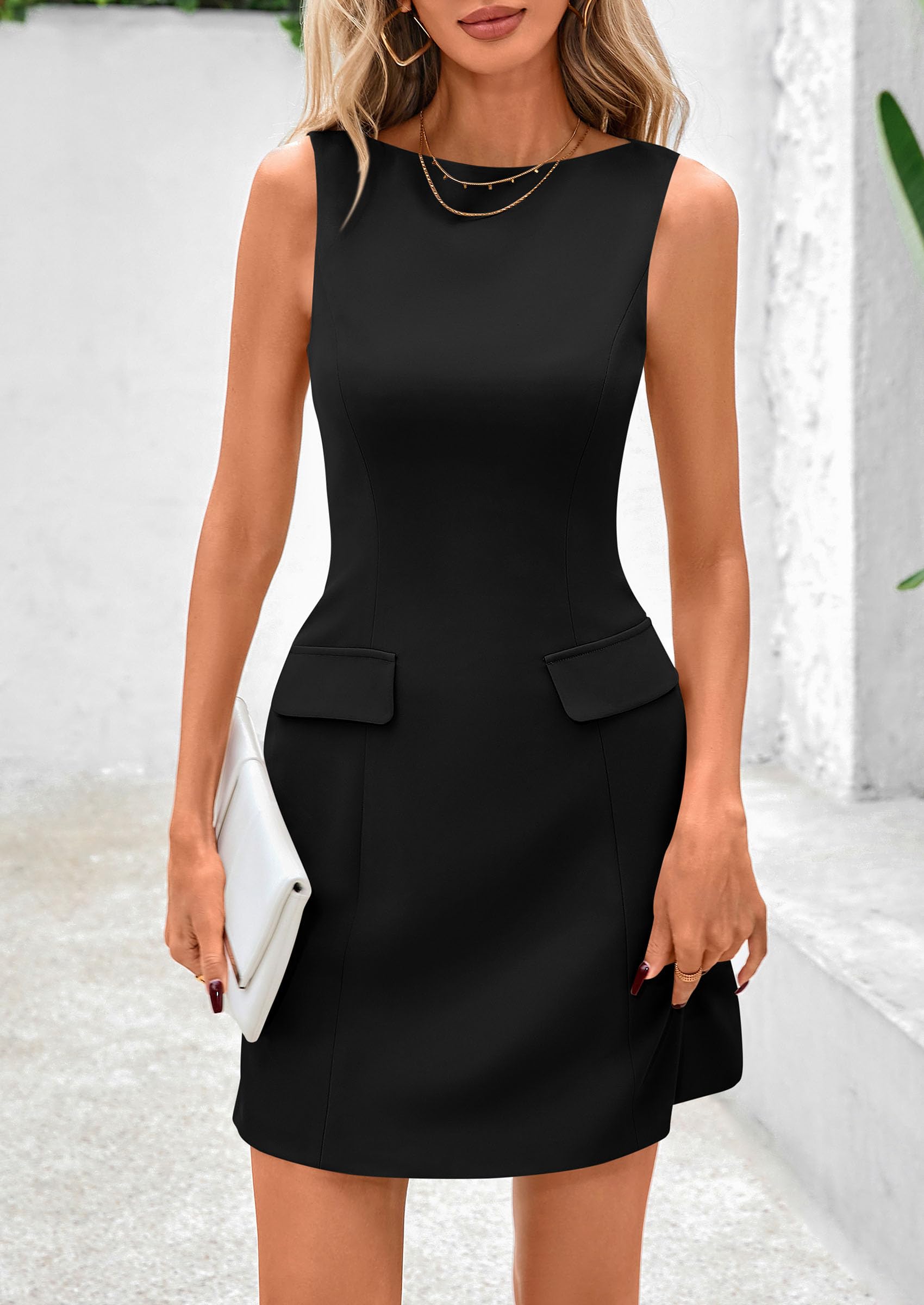 PRETTYGARDEN Womens Formal Sleeveless Summer Dresses Boat Neck Bodycon Elegant A Line Business Work Mini Dresss