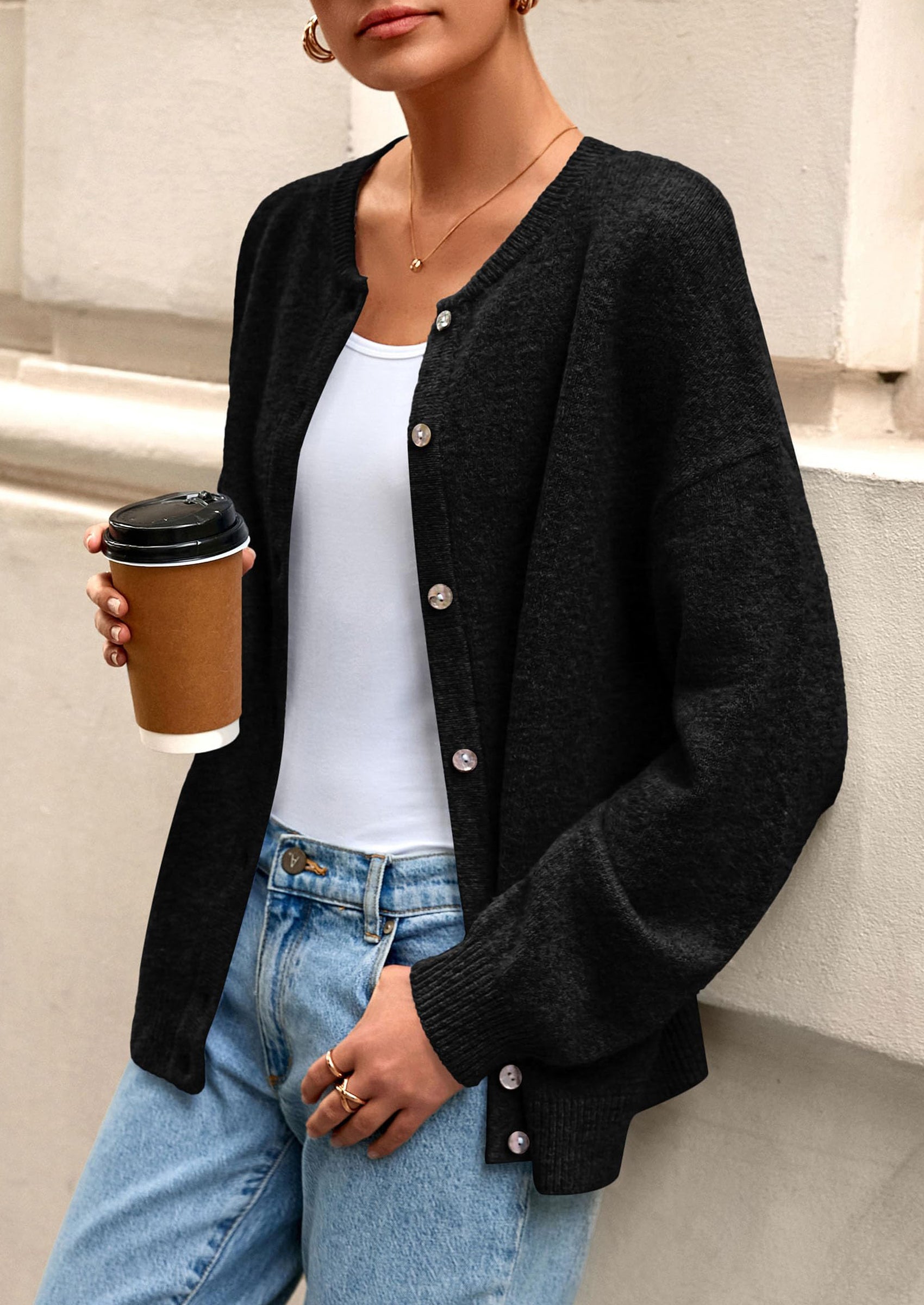 PRETTYGARDEN Fall Long Sleeve Cardigans for Women Trendy Open Front Winter Button Down Crewneck Soft Knit Sweater Jacket