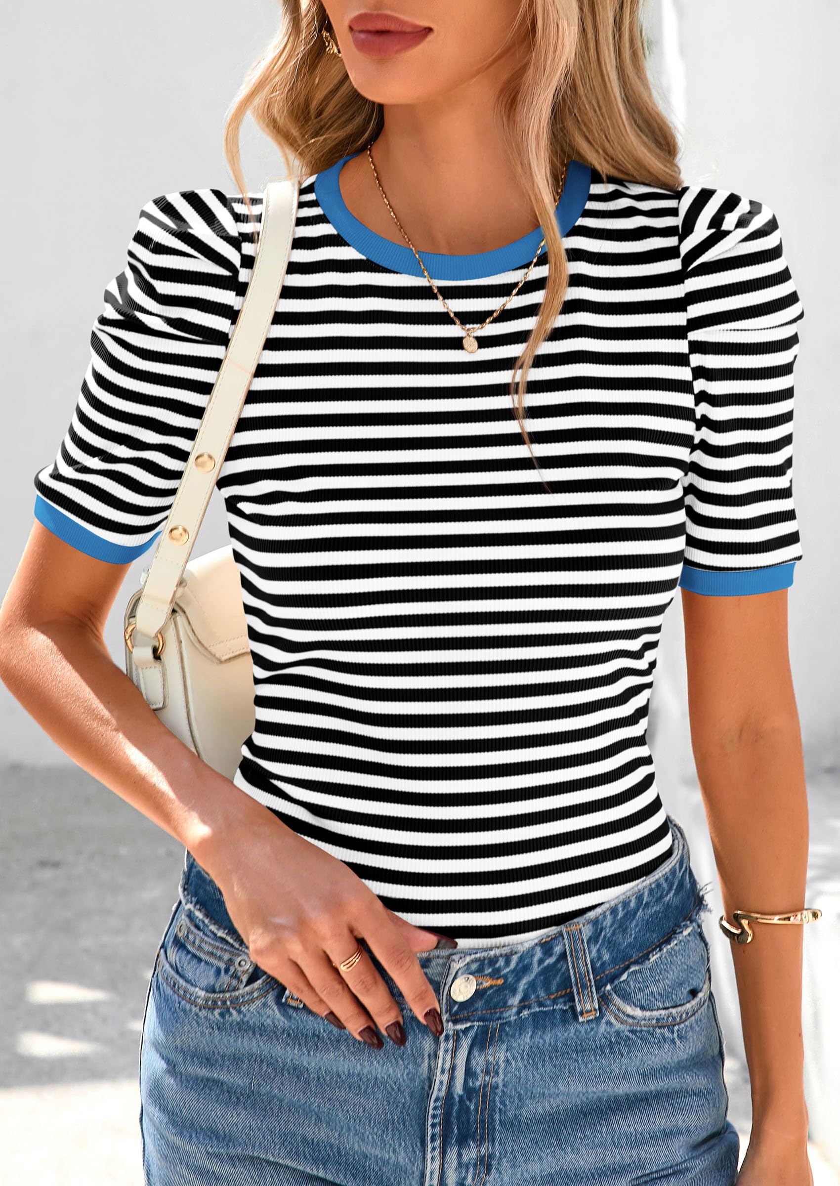PRETTYGARDEN Women's Summer Puff Sleeve Tops Casual Ribbed Knit Crop Top Color Block Trendy Crewneck Striped Shirts
