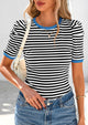 Women's Summer Puff Sleeve Casual Ribbed Knit Color Block Trendy Striped Pullover T-shirts