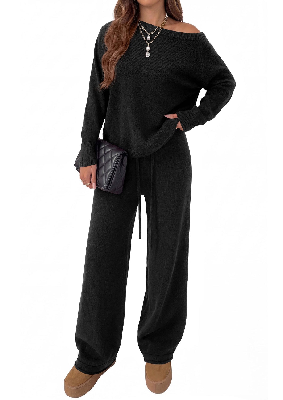 PRETTYGARDEN Lounge Sets Womens Two Piece Outfits  Cozy Boat Neck Long Sleeve , Wide Leg Pants with Drawstring, Casual Fall Fashion 2026 Airport & Travel, Knit Matching Set