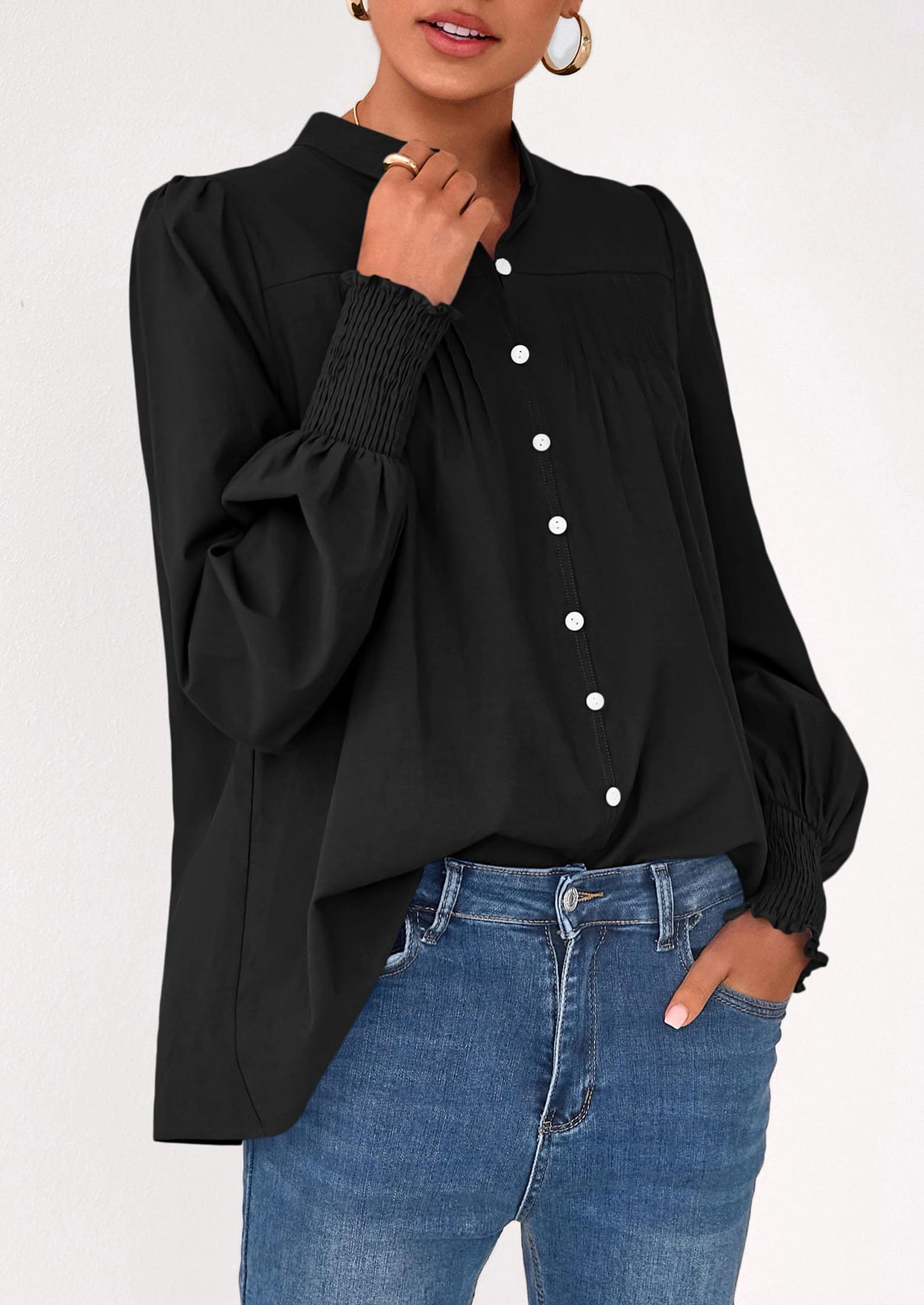 PRETTYGARDEN Womens Fall Lantern Long Sleeve Shirts Trendy Button V Neck Pleated Henley Tops Loose Work Blouses