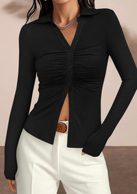 PRETTYGARDEN Womens Button Down Shirts V Neck Collared Ruched Slim Fit Long Sleeve Shirt Casual Fall Fashion Ladies Tops PRETTYGARDEN