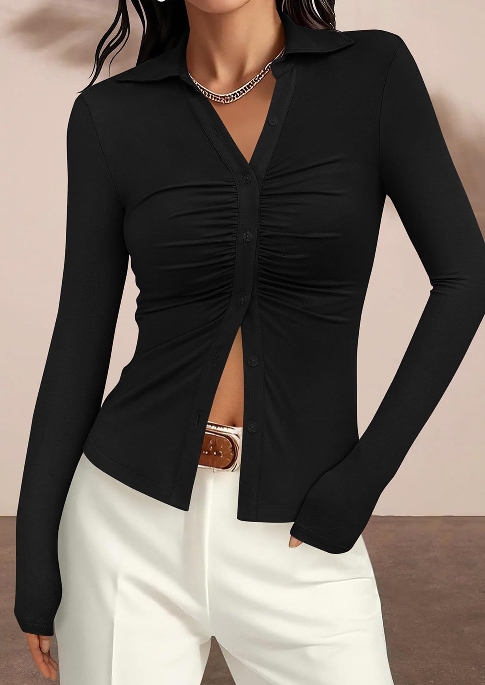 PRETTYGARDEN Womens Button Down Shirts V Neck Collared Ruched Slim Fit Long Sleeve Shirt Casual Fall Fashion Ladies Tops PRETTYGARDEN