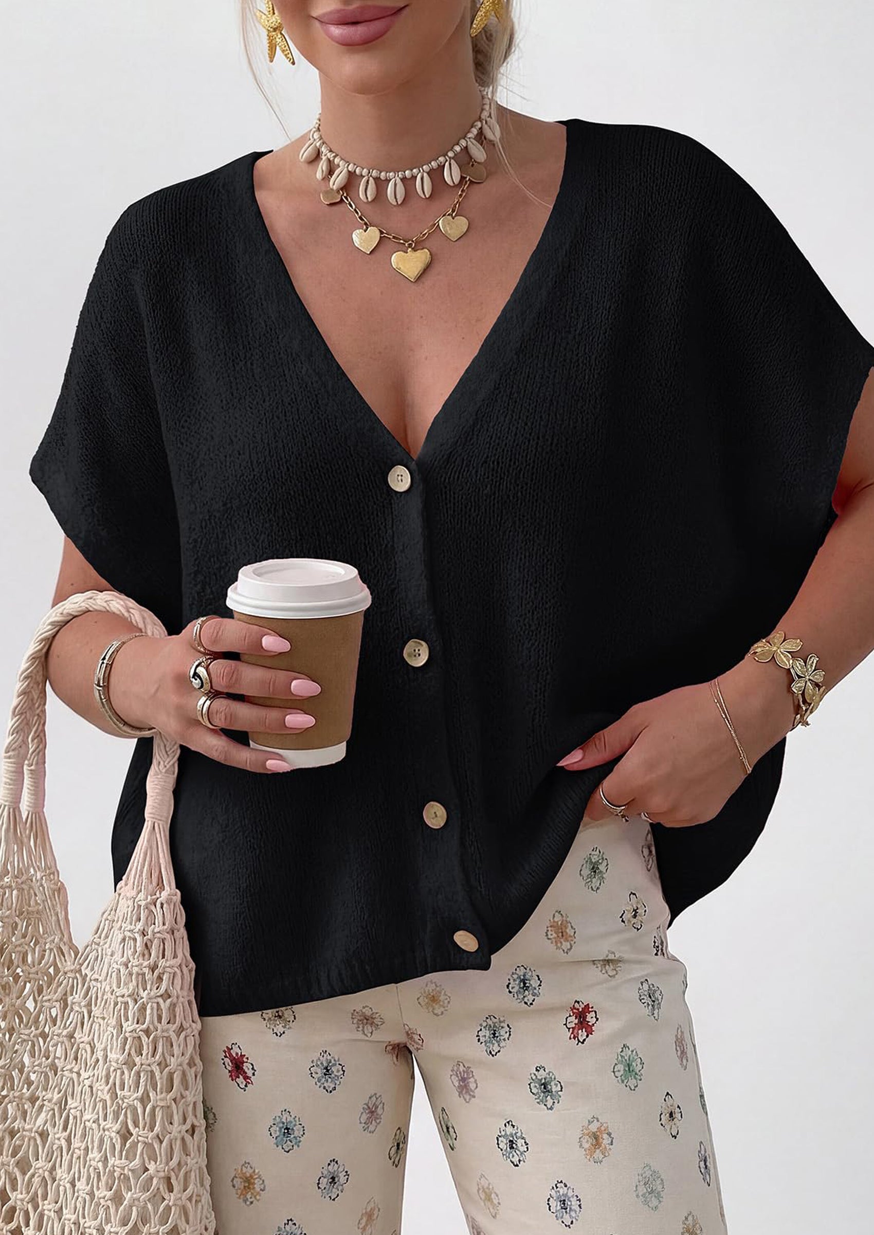 PRETTYGARDEN Batwing Short Sleeve Summer Cardigan Sweaters for Women Lightweight V Neck Button Oversized Sweater Tops PRETTYGARDEN